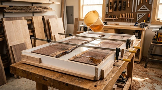 Wood slabs clamped in a sealed mold on a workbench, ready for an epoxy resin river table pour