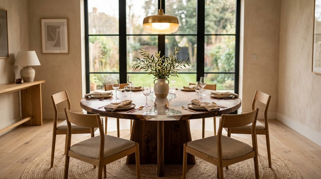 Round walnut and clear epoxy resin dining table with oak chairs under a brass pendant light in a warm modern dining room