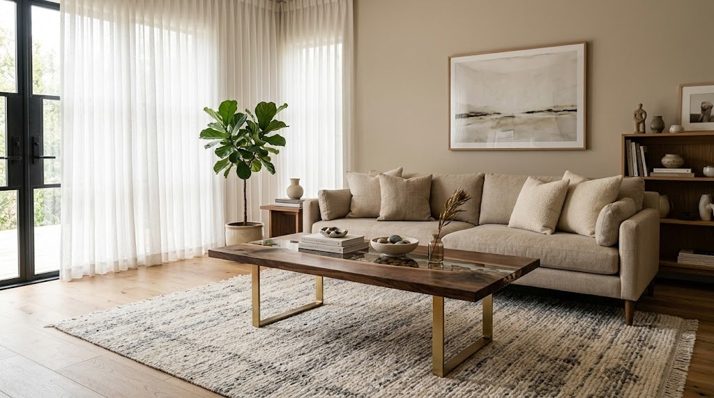 Solid wood coffee table in a bright living room, sheer curtains filtering sunlight to protect the finish