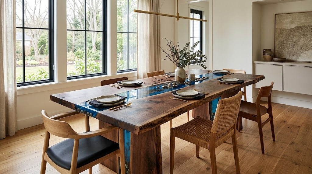 Walnut live-edge epoxy resin dining table with a blue resin river in a bright modern dining room