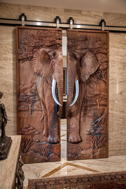 Sculptural Walnut Double Door with Elephant Relief – image 5