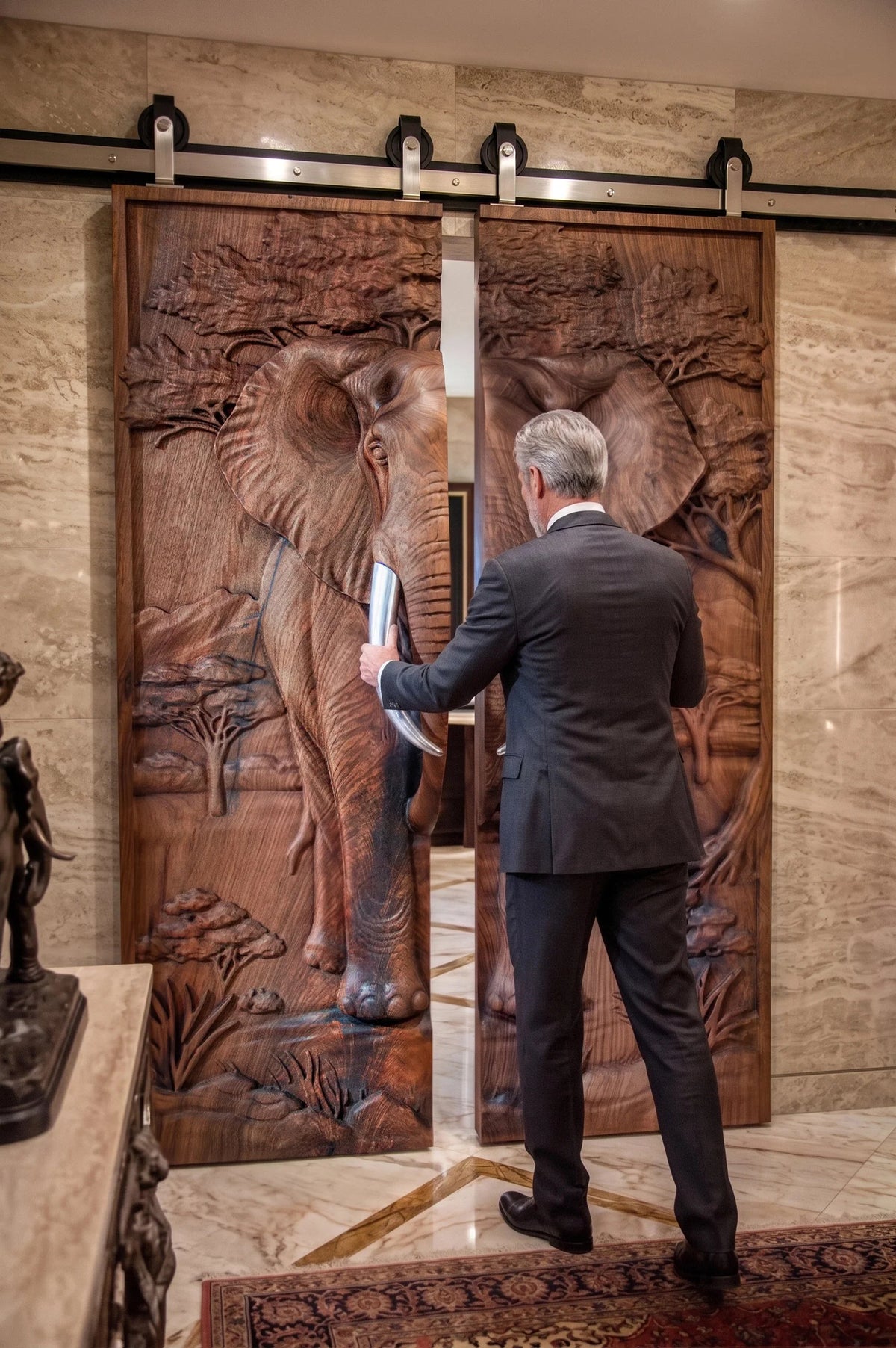 Sculptural Walnut Double Door with Elephant Relief – image 2
