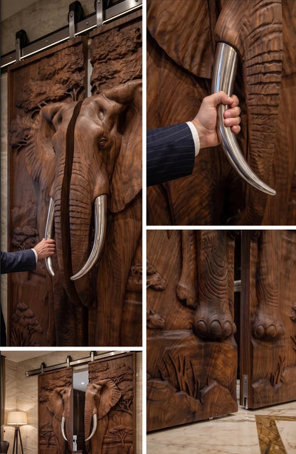 Sculptural Walnut Double Door with Elephant Relief – image 3
