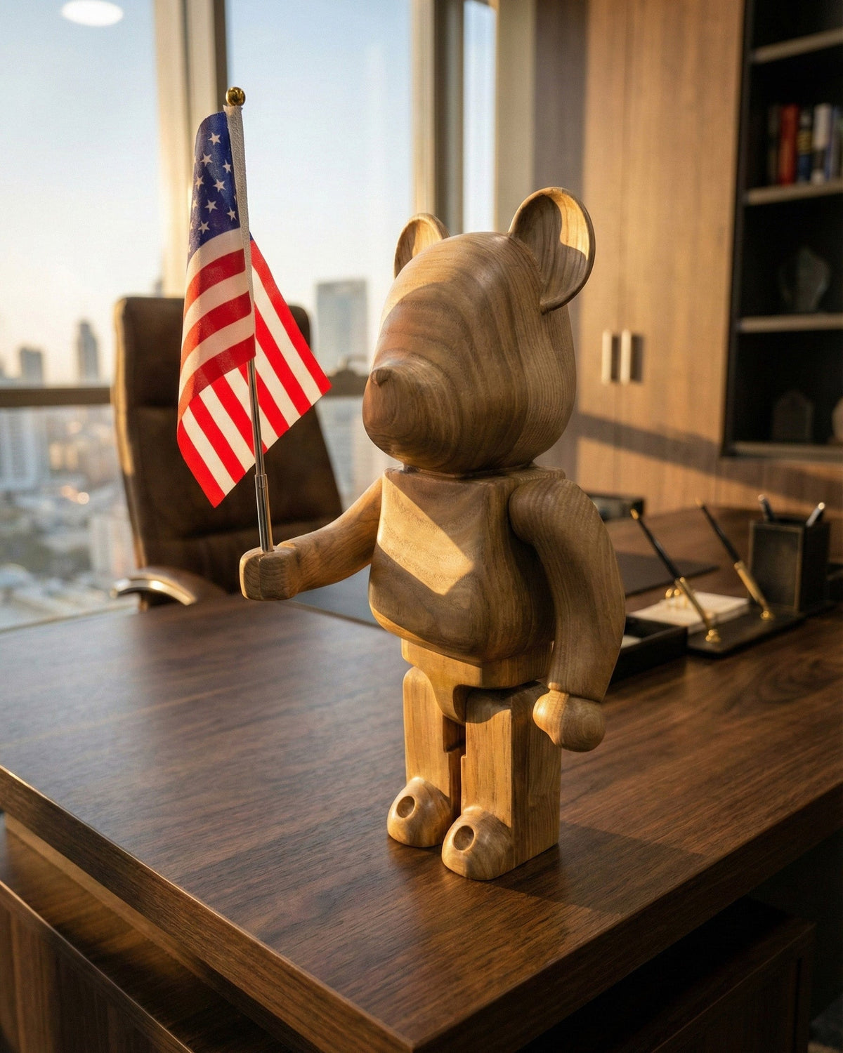 Handcrafted Wood Bear Sculpture with American Flag – image 1
