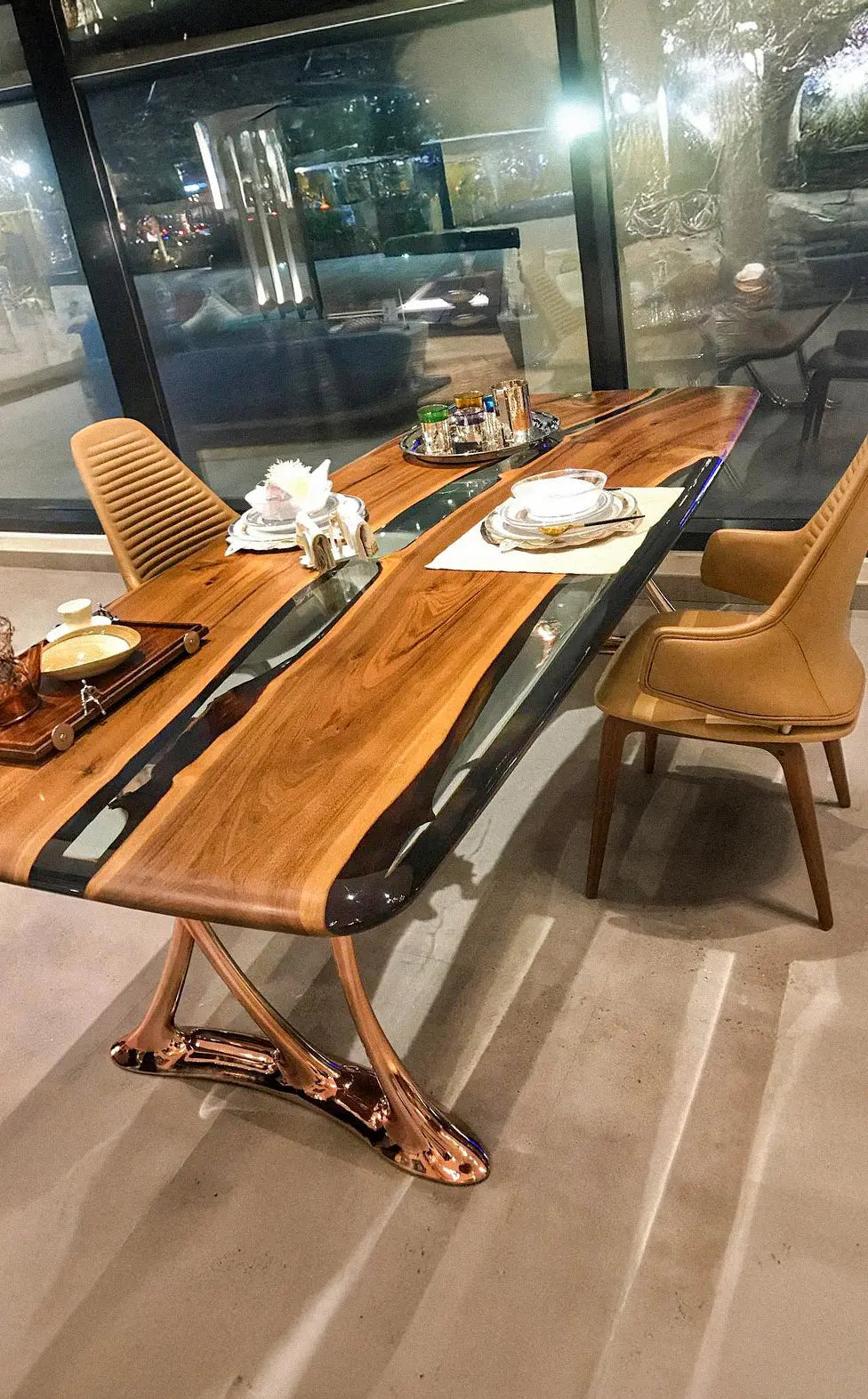 Custom Walnut and Epoxy Dining Table with Aluminum Base – image 4