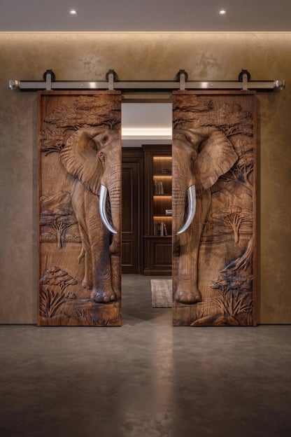 Sculptural Walnut Double Door with Elephant Relief – image 6