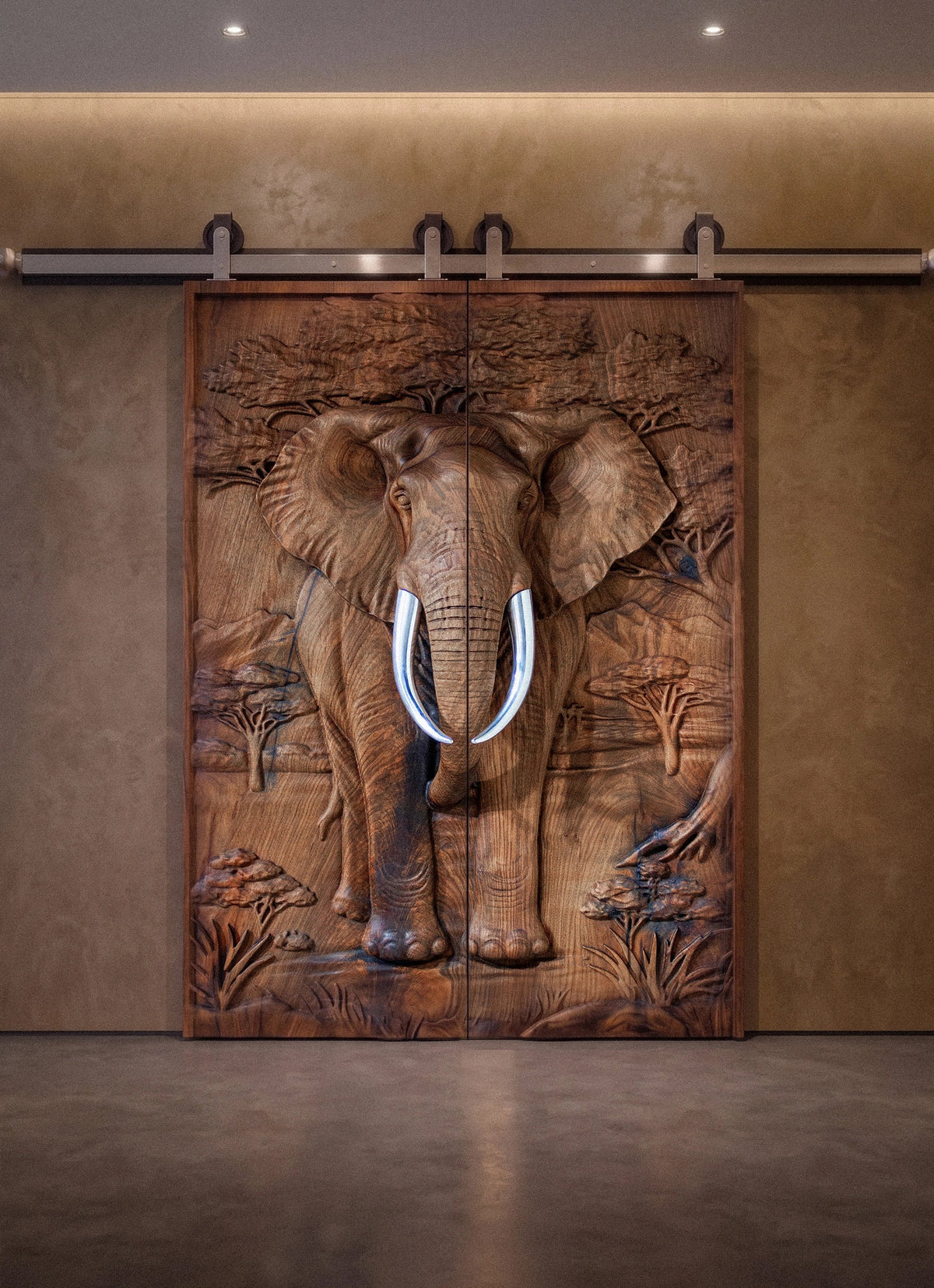 Sculptural Walnut Double Door with Elephant Relief – image 4