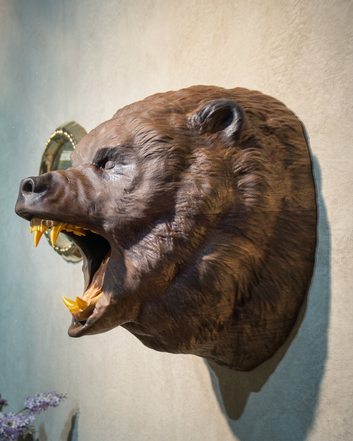 Hand-Carved Walnut Roaring Bear Head Wall Mount – image 3