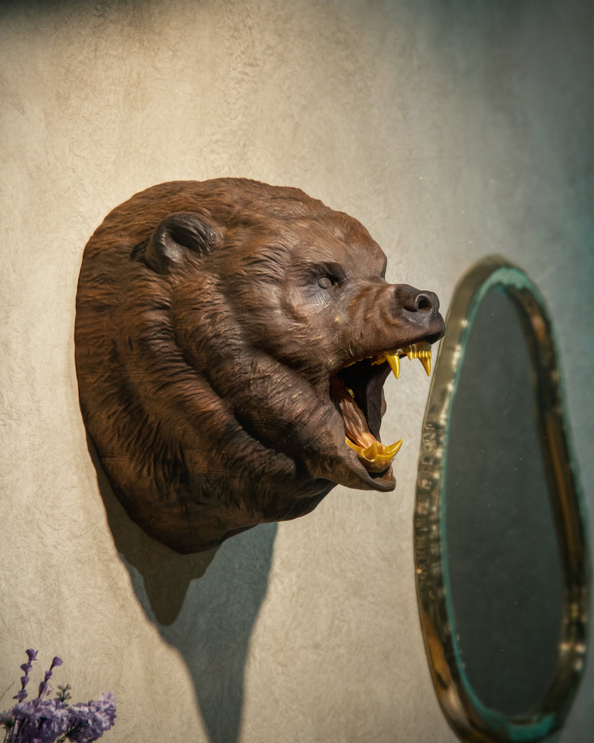 Hand-Carved Walnut Roaring Bear Head Wall Mount – image 4