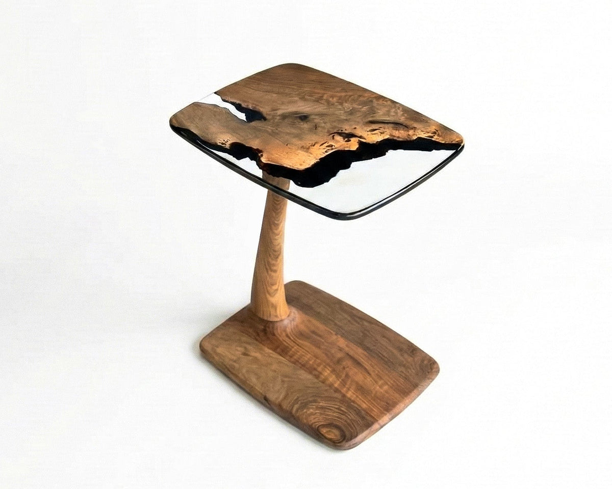 C-Shaped Walnut and Resin End Table with Wheels – image 1