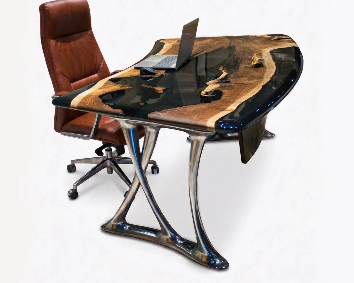 D-Shaped Walnut and Epoxy Executive Desk – image 1