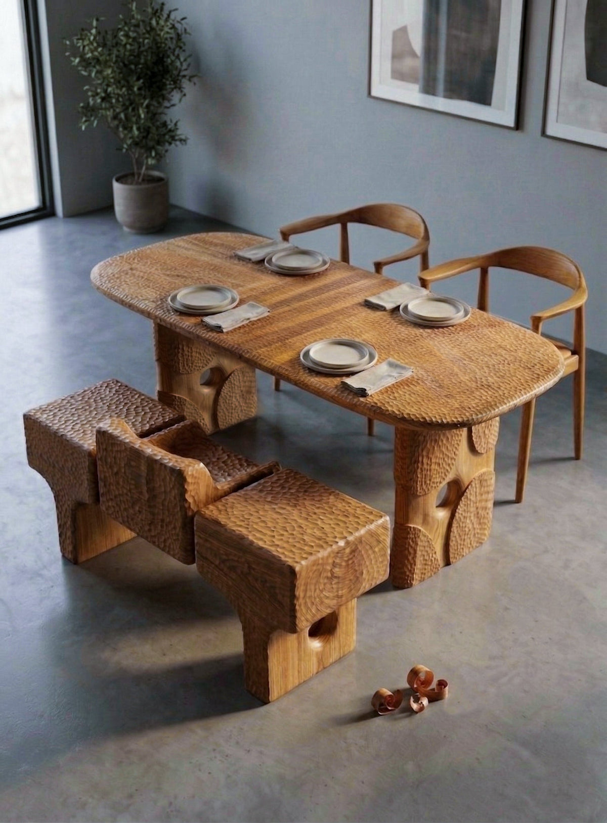 Hand-Carved Solid Oak Geometric Dining Table – image 2
