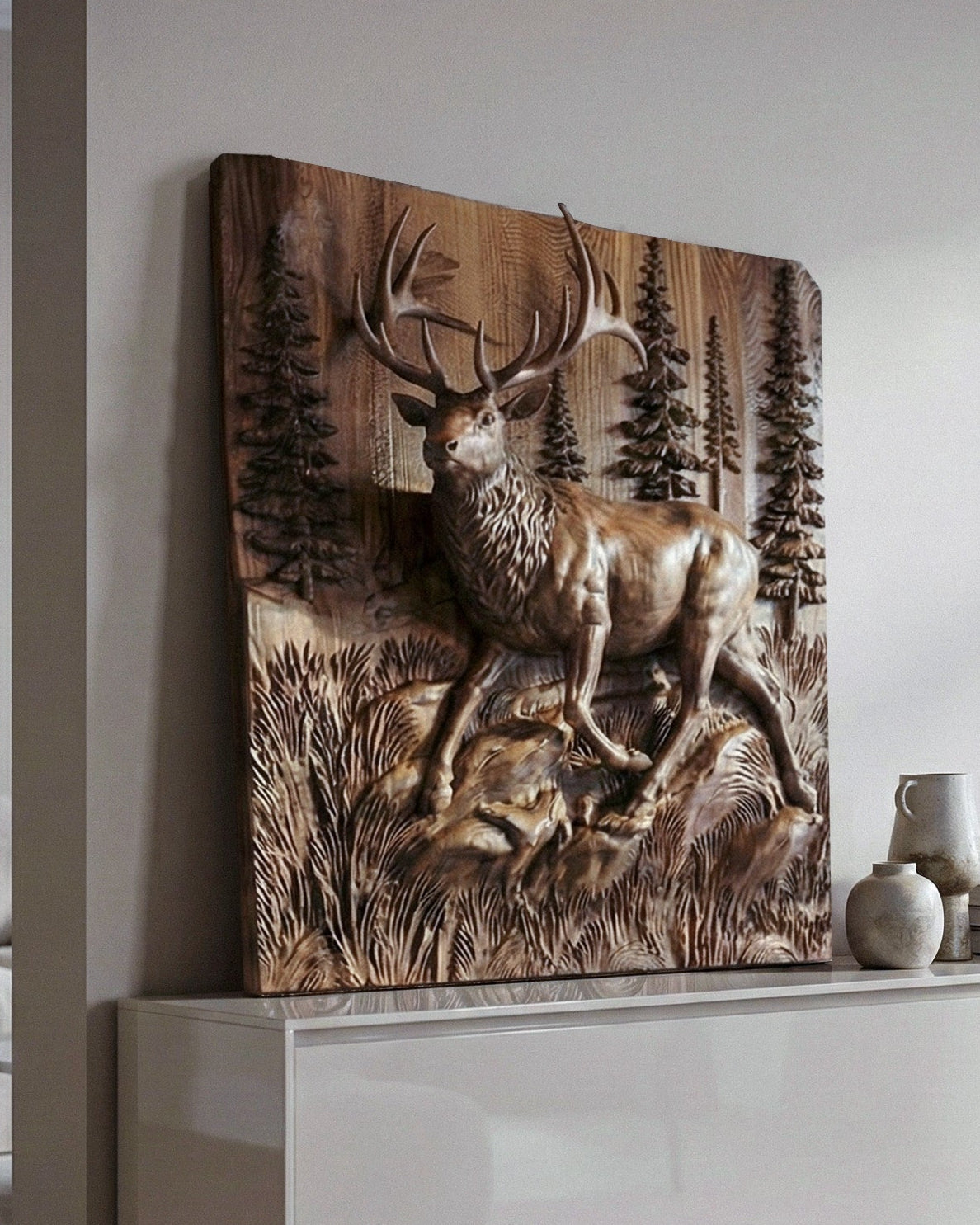 3D Walnut Deer and Elk Wall Relief – image 1