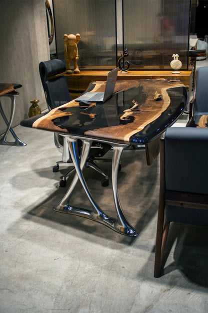 D-Shaped Walnut and Epoxy Executive Desk – image 6