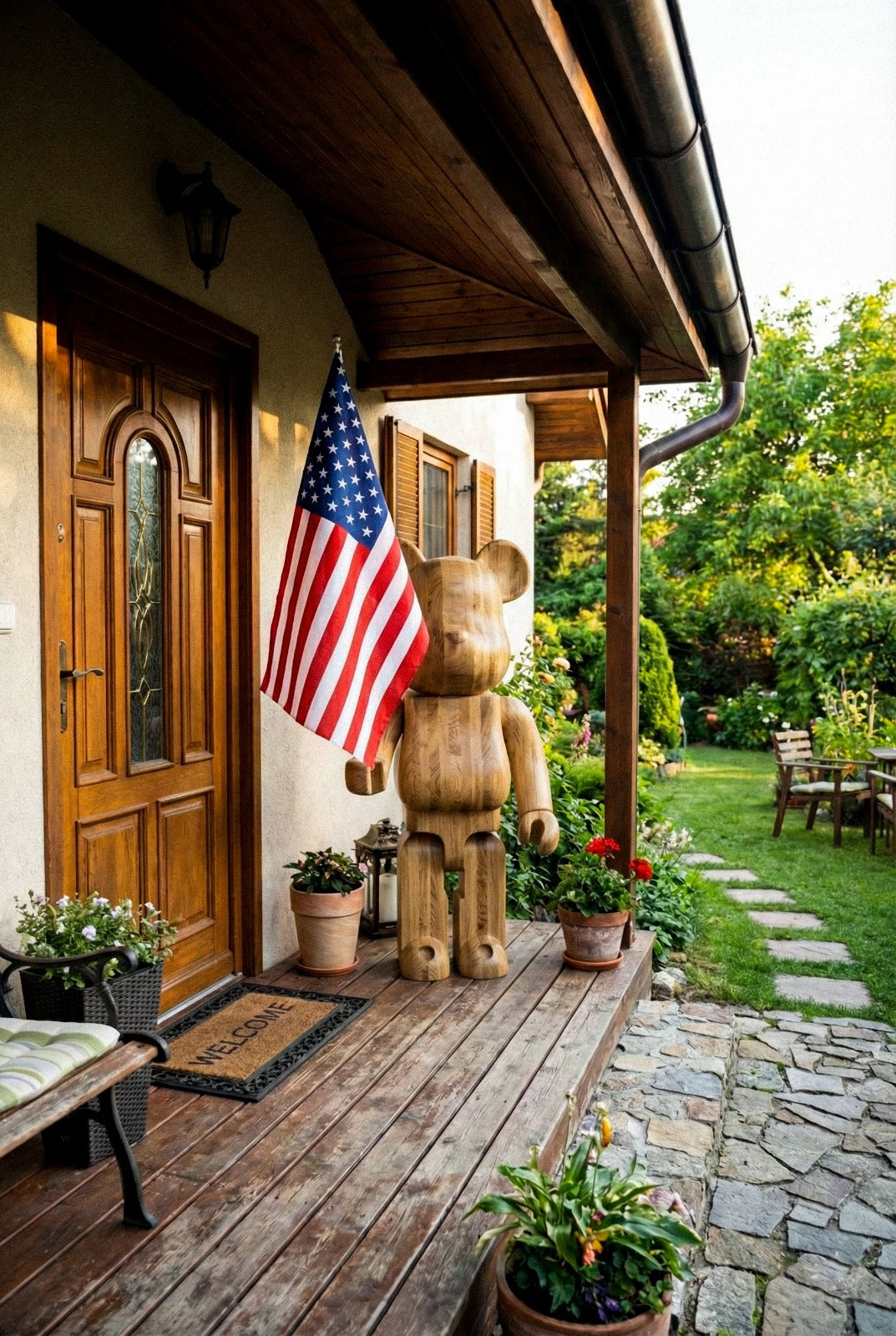 Handcrafted Wood Bear Sculpture with American Flag – image 4