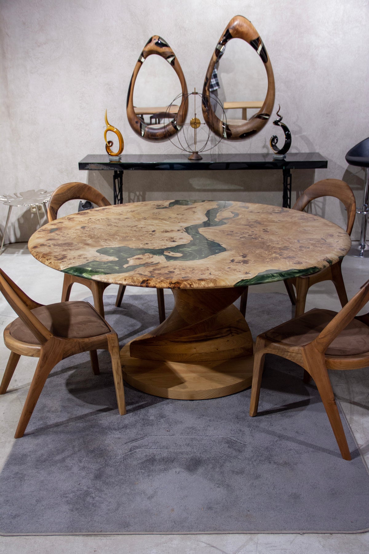 Round Mapa Burl and Epoxy Table with Vortex Base – image 9