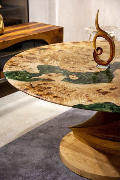 Round Mapa Burl and Epoxy Table with Vortex Base – image 4