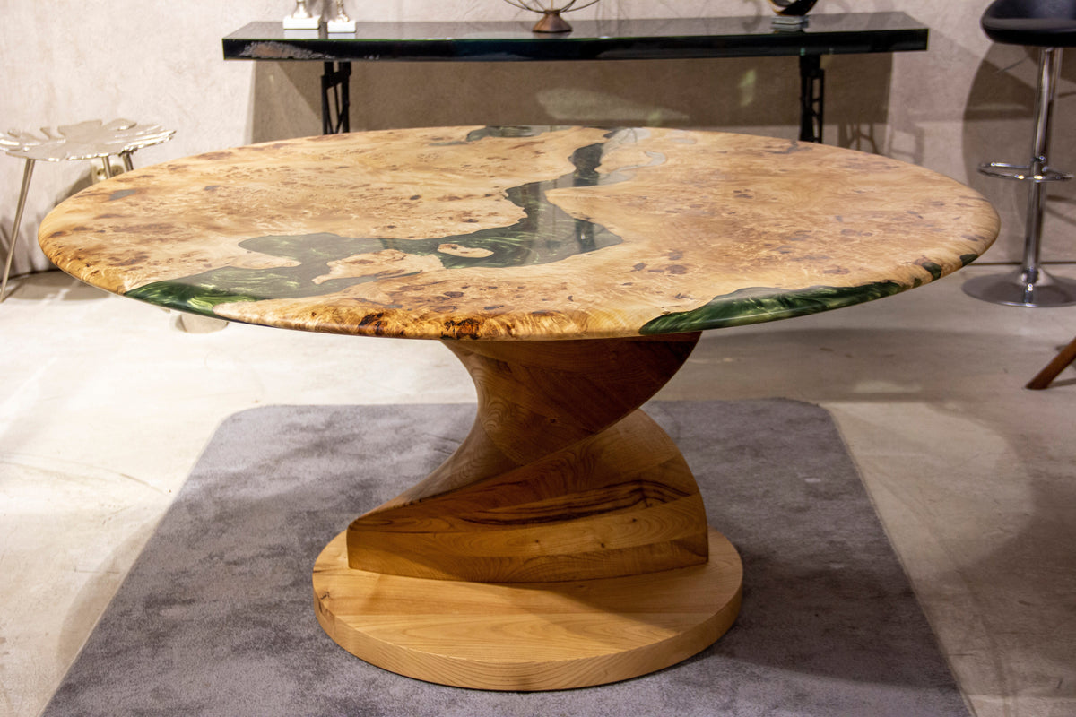 Round Mapa Burl and Epoxy Table with Vortex Base – image 13