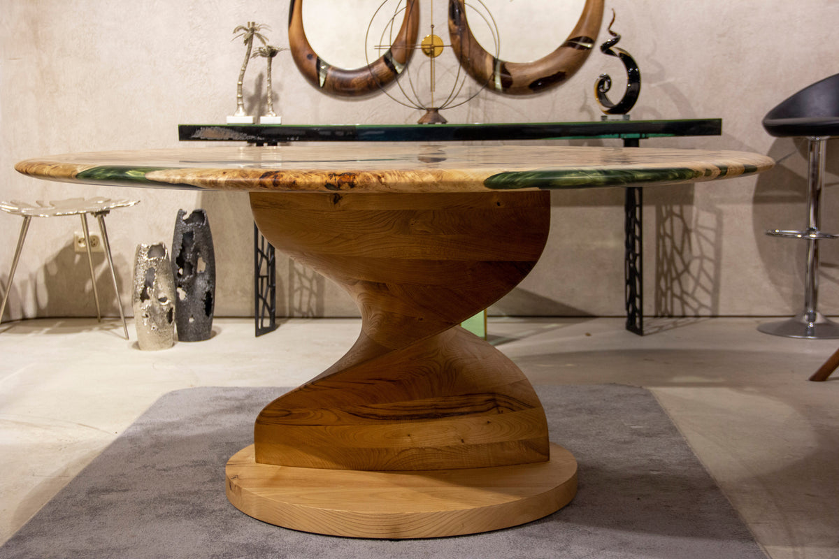 Round Mapa Burl and Epoxy Table with Vortex Base – image 7