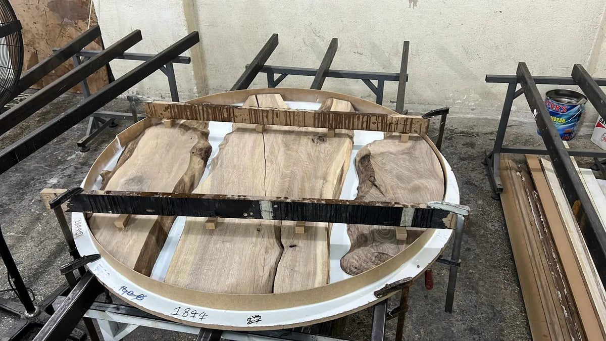 Round Walnut and Epoxy Dining Table with Wood Base – image 9