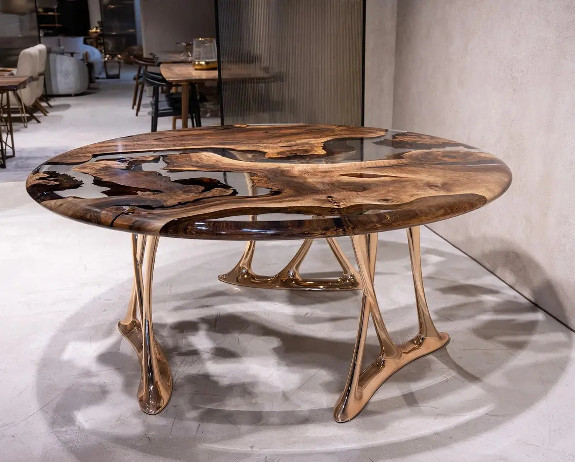 Round Walnut and Epoxy Dining Table with Rose Gold Base – image 4