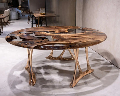 Round Walnut and Epoxy Dining Table with Rose Gold Base – image 4
