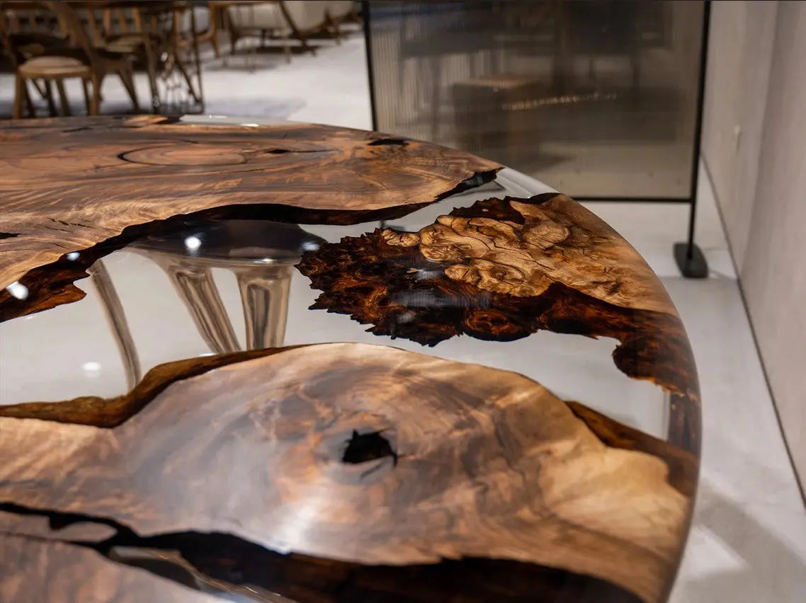Round Walnut and Epoxy Dining Table with Rose Gold Base – image 5