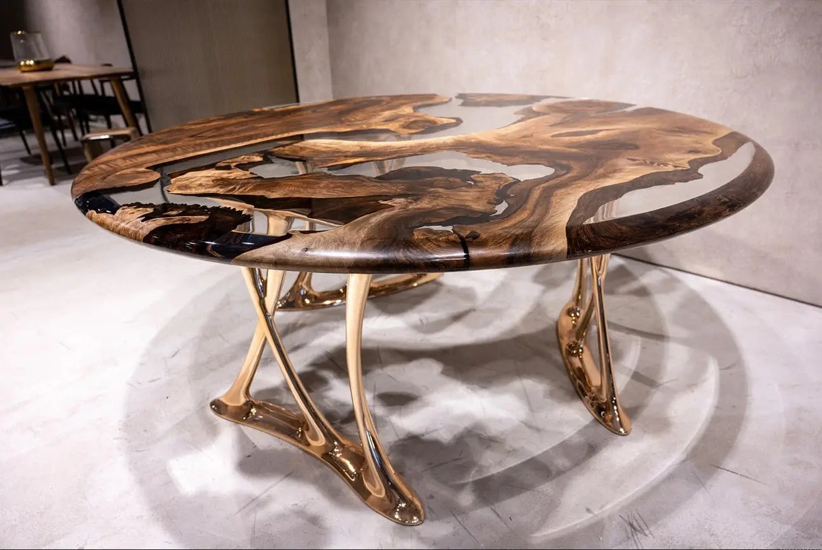 Round Walnut and Epoxy Dining Table with Rose Gold Base – image 3