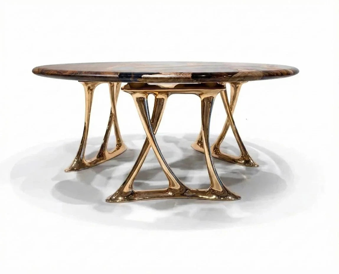 Round Walnut and Epoxy Dining Table with Rose Gold Base – image 1