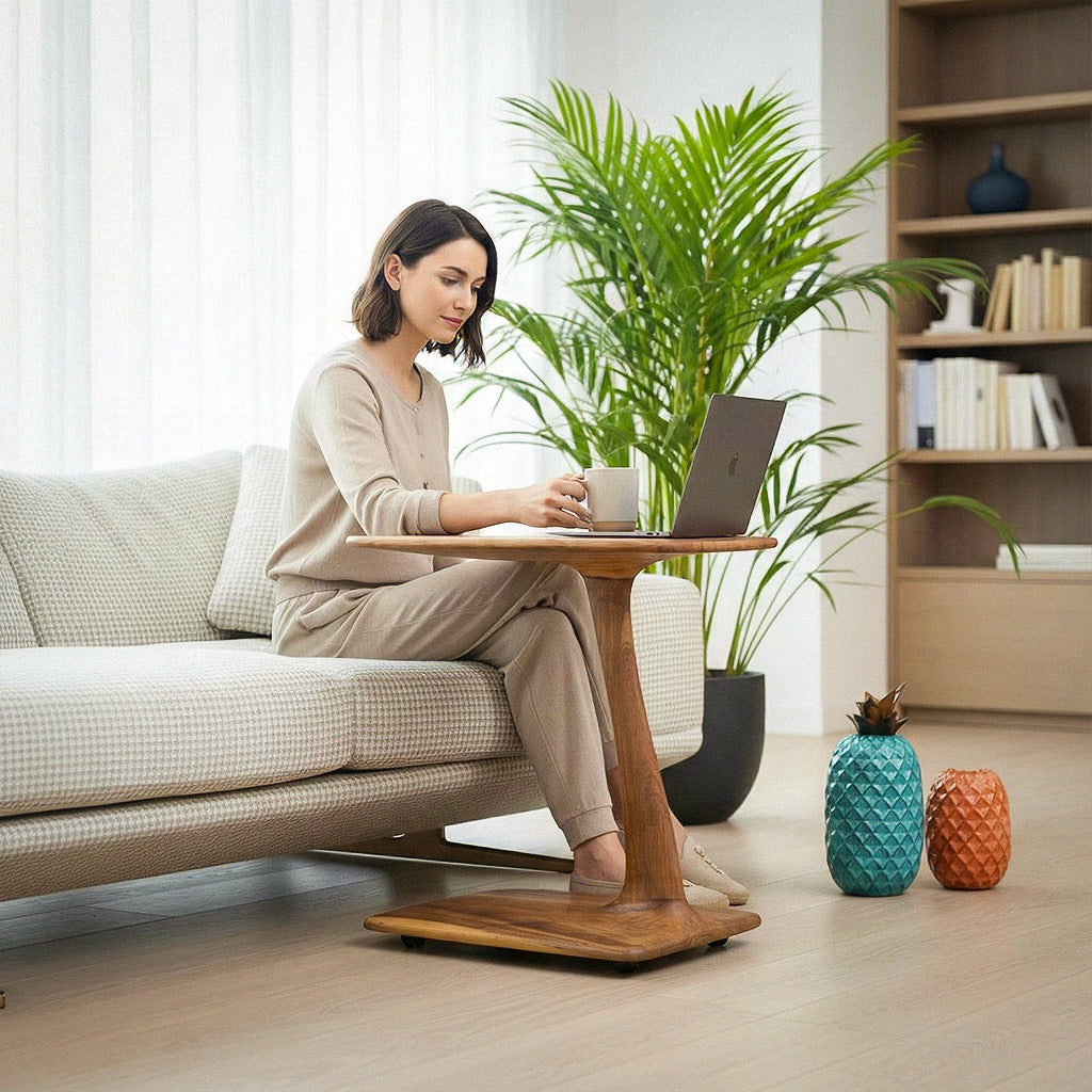 C-Shaped Walnut and Resin End Table with Wheels – image 18