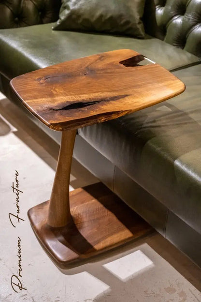 C-Shaped Walnut and Resin End Table with Wheels – image 11