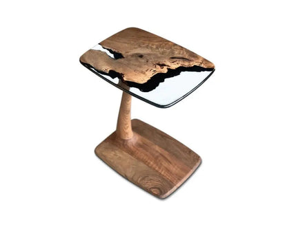C-Shaped Walnut and Resin End Table with Wheels – image 16