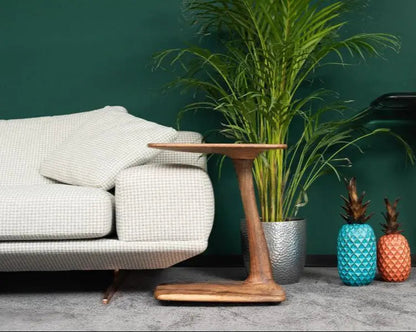 C-Shaped Walnut and Resin End Table with Wheels – image 5