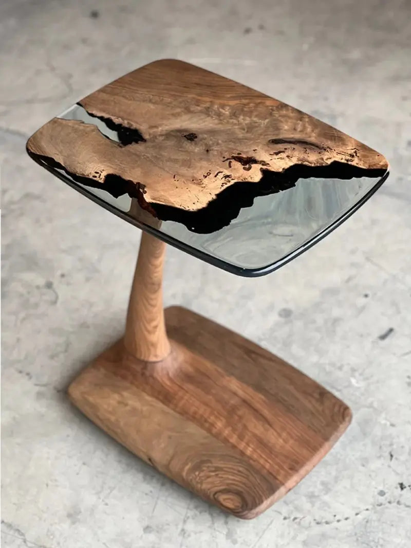C-Shaped Walnut and Resin End Table with Wheels – image 15