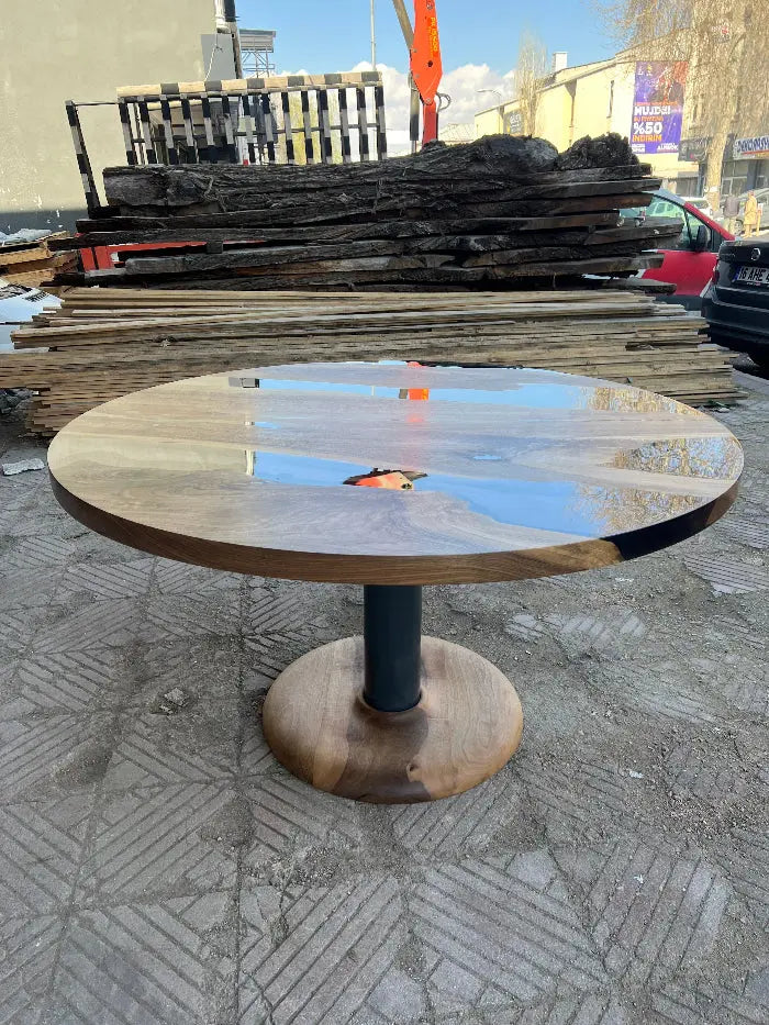 Round Walnut and Epoxy Dining Table with Wood Base – image 13