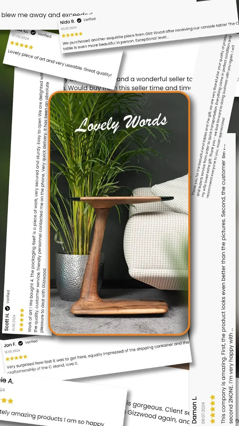 C-Shaped Walnut and Resin End Table with Wheels – image 14