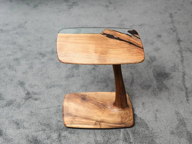 C-Shaped Walnut and Resin End Table with Wheels – image 13