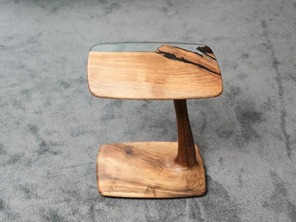 C-Shaped Walnut and Resin End Table with Wheels – image 13