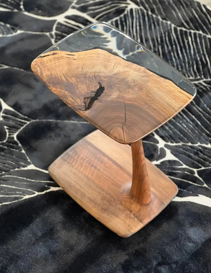 C-Shaped Walnut and Resin End Table with Wheels – image 12