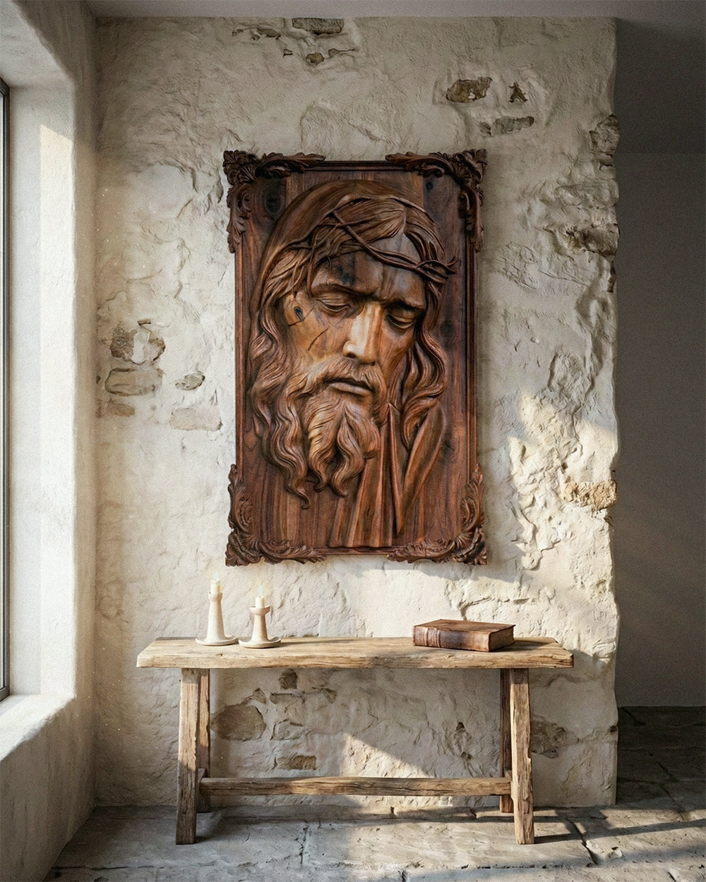 Hand-Carved Walnut Jesus Wall Relief – image 2