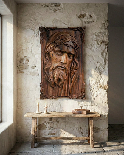 Hand-Carved Walnut Jesus Wall Relief – image 2