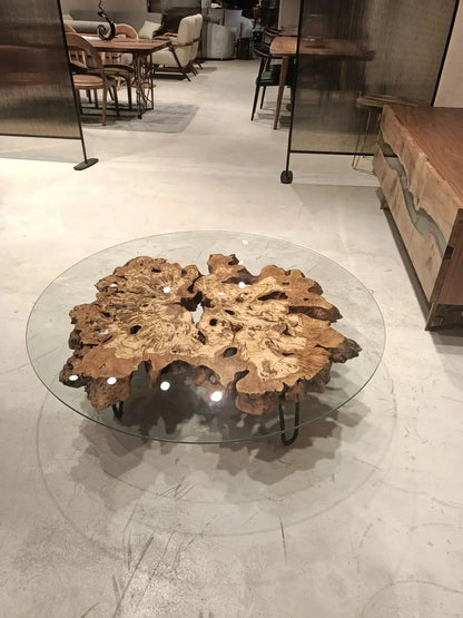 Rustic Olive Wood Coffee Table with Glass Top – image 6