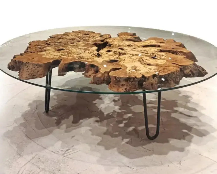Rustic Olive Wood Coffee Table with Glass Top – image 1