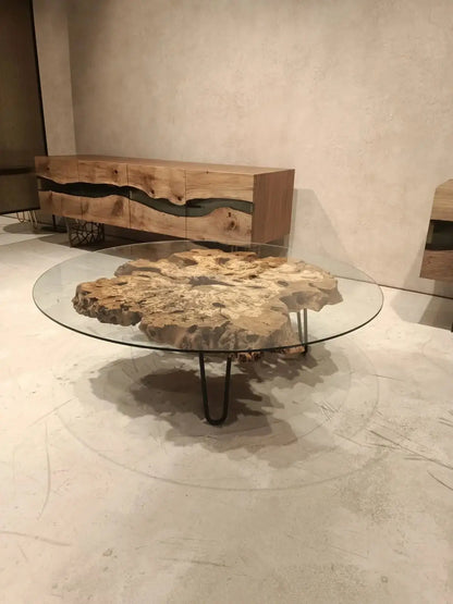 Rustic Olive Wood Coffee Table with Glass Top – image 3