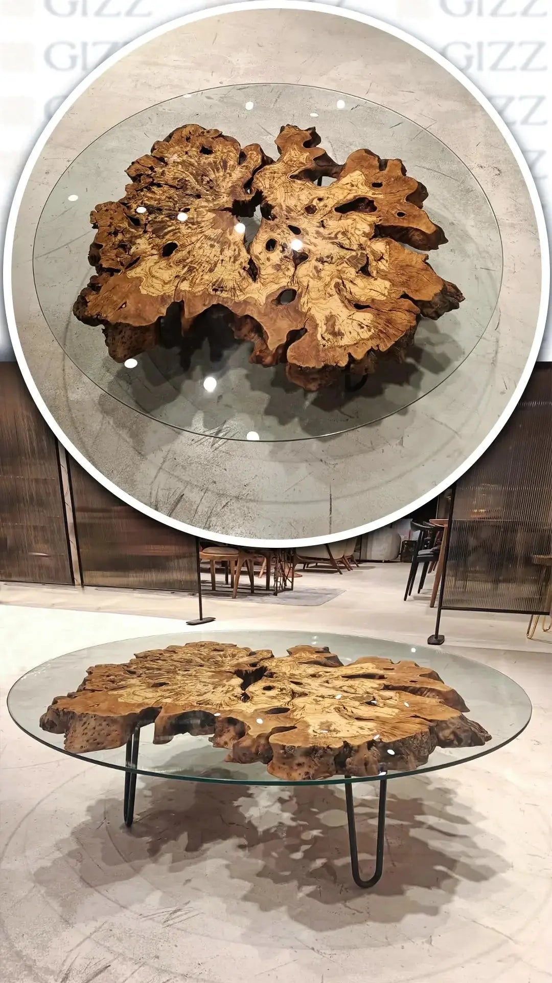 Rustic Olive Wood Coffee Table with Glass Top – image 2