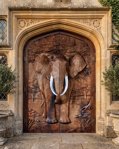 Sculptural Walnut Double Door with Elephant Relief – image 1