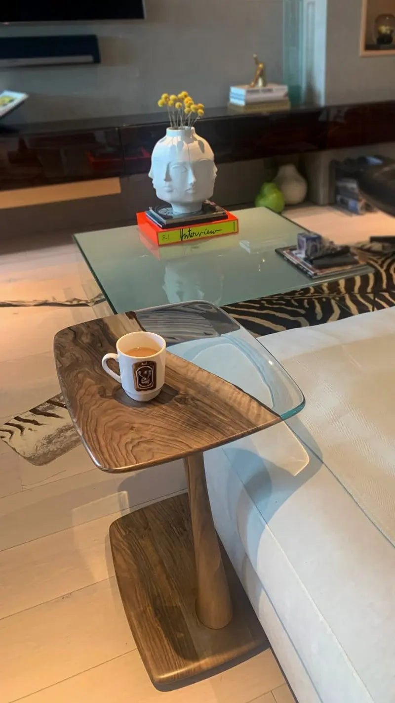 C-Shaped Walnut and Resin End Table with Wheels – image 4